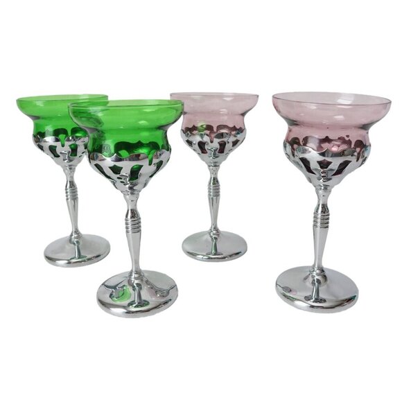 4 Vintage Cambridge Glass and Chrome Cordial Wine Glasses Barware Cocktail - Picture 4 of 6